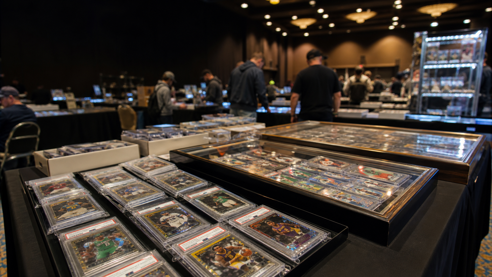 Trading card show tables with graded cards on display