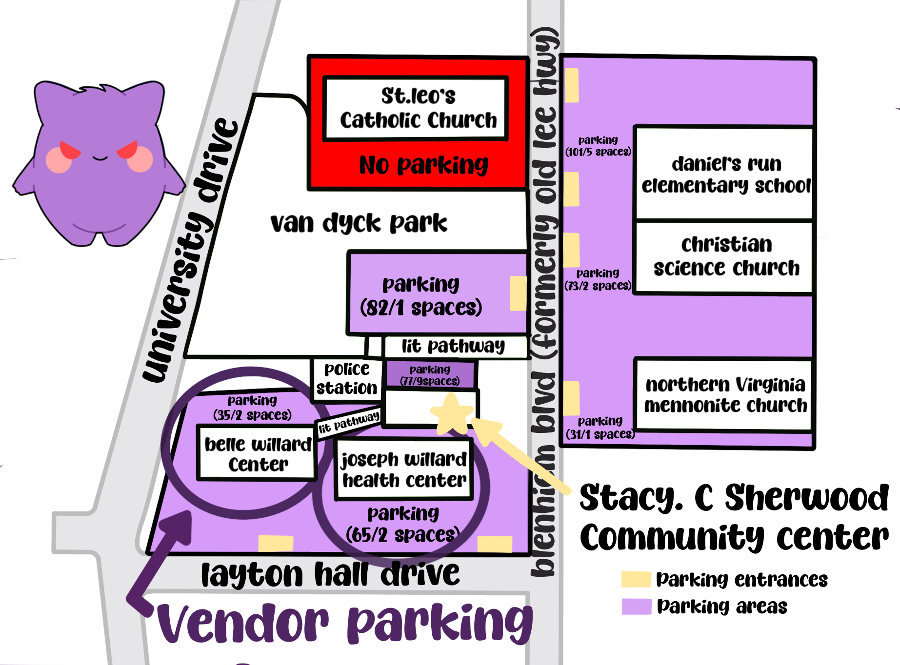 Map showing parking entrances and parking areas around Stacy C. Sherwood Community Center
